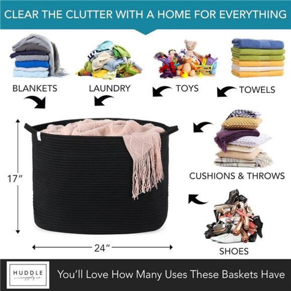 Extra Large Black Woven Basket 2 Pack Blanket Toy Laundry Storage Baskets - Picture 3 of 7